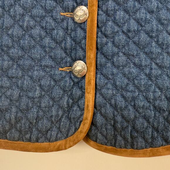Vintage Quilted Denim Style Vest Petite Medium Blue Brown Velvet Trim - Picture 5 of 11